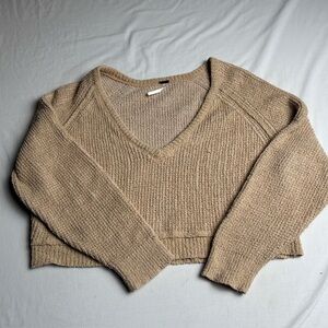 Free People Cozy Tan Cotton V-Neck Sweater